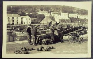Rare R.  P.  Postcard Fishermen Fixing Floats Onto Nets - From Cart - Porthleven Harbour