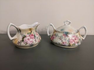 Antique Germany Porcelain Floral Hand Painted Creamer And Sugar W/lid