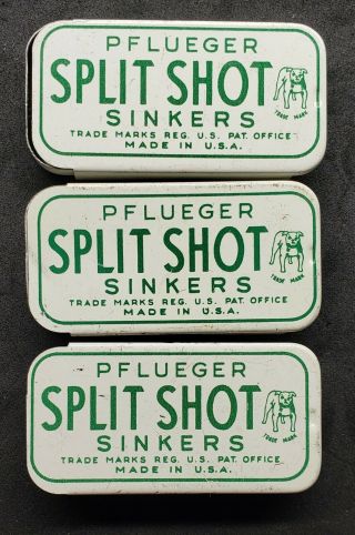 VINTAGE PFLUEGER SPLIT SHOT SINKER TINS 3 total with sinkers inside 2