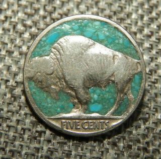 Antique Vtg White Metal Button Buffalo Nickle And Turquoise Apx:7/8 " 721 - D