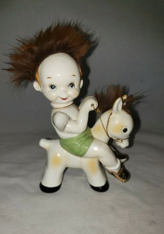 Cute Creepy Vintage Japan Boy On Horse Donkey Wild Hair Figurine