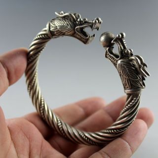 Chinese Old Tibetan Silver Handmade Bracelet Dragon Head Bangle Collect 0591