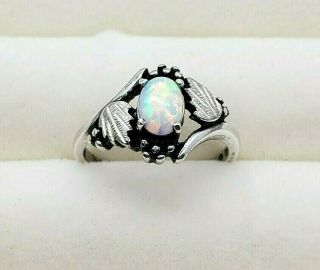 Vintage Signed Sterling Silver 12k Gold Mexican Fire Opal Cabochon Leaf Ring