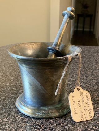 Vintage Heavy Antique Solid Brass Mortar And Pestle Patina