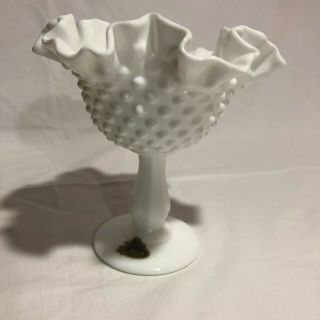 Vintage Fenton Footed Hobnail White Milk Glass Ruffled Candy Nut Dish -