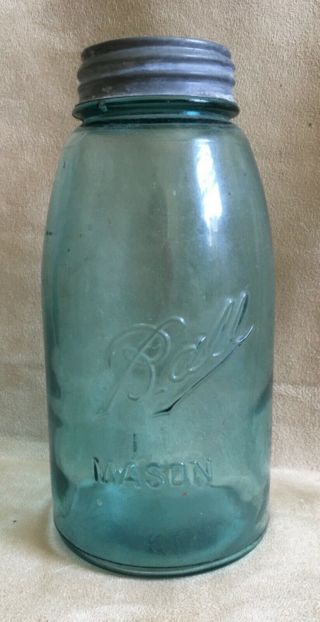 Antique Blue Ball Mason Jar 1/2 Gallon Zinc Lid 2 4