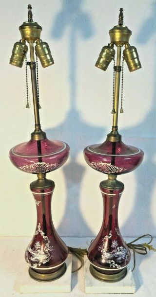 Pair Antique Cranberry Glass Mary Gregory Table Lamps - Set