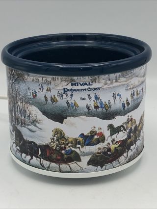 Vintage Rival Potpourri Crock 3206 Farm Winter Scene Currier & Ives Ice Sleigh