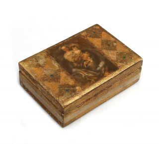 Antique Vintage Italy Gold Florentine Wood Trinket Box Madonna Jesus Italian