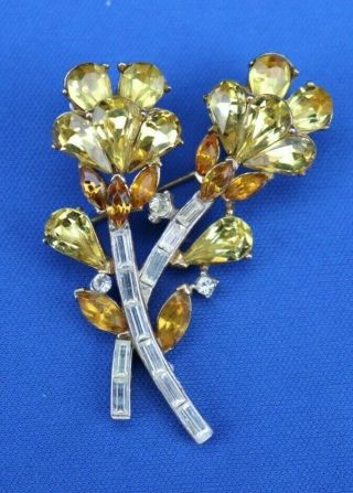 Js1 Vintage Crown Trifari Brooch Pin Double Flower Stem Yellow Clear Rhinestones