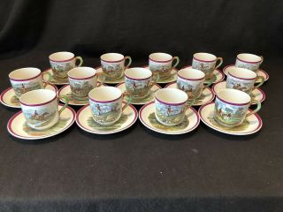 Copeland Spode Herring Hunt Set Of 14 Cup And Saucers Rare Red Rim