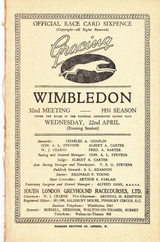 Wonderful 1931 Wimbledon Greyhound Racing Booklet 32nd Meet Rare.
