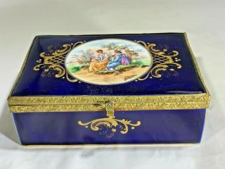 Antique Hand Painted Czech/bohemian Blue And Gold Gilt Treasure Box