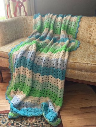 Vintage Crochet Blanket Afghan Blue Green Cream Afghan Knit Blanket 70x78