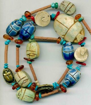 Beads Egyptian Scarab Beads Turquoise Red Coral Clay Tubes 22 " Long Vintage
