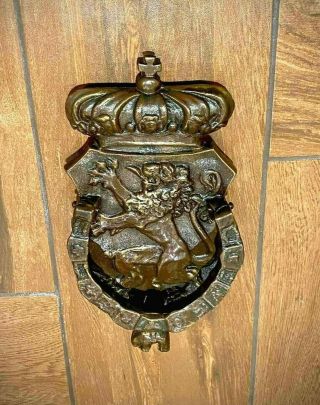 Large Rare Antique Bronze Door Knocker Door Pull Handle Shield,  Lion And Crown