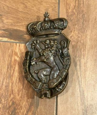 Large Rare Antique Bronze Door Knocker Door Pull Handle Shield,  Lion and Crown 2