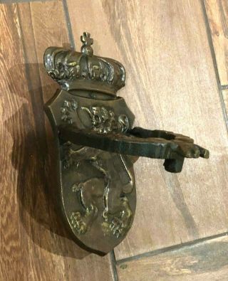Large Rare Antique Bronze Door Knocker Door Pull Handle Shield,  Lion and Crown 3