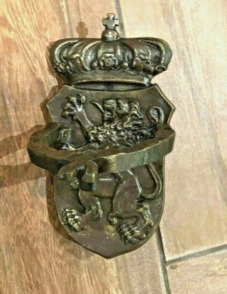 Large Rare Antique Bronze Door Knocker Door Pull Handle Shield,  Lion and Crown 4