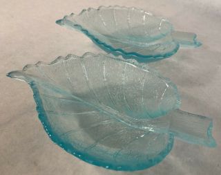 Set Of 2 Vintage Ice Blue Leaf Glass Dishes Small Bowls Nut Candy Dish Pair