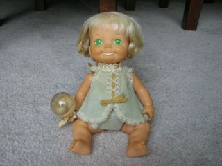 Vintage Ideal Belly Button Baby Doll Green Eyes Rattle Hong Kong 1970