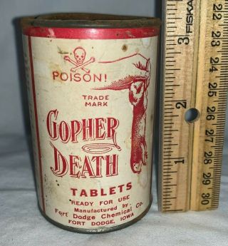Antique Gopher Death Tablets Fort Dodge Iowa Poison Tin Farm House Mouse Rat Can