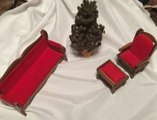 Vintage 3 Pc Wood Doll House Furniture Couch Chair Ottoman Xmas Tree Red Velvet