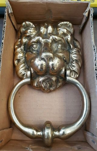 Vintage Heavy Solid Brass Lions Head Door Knocker Nicely Detailed With Hardware