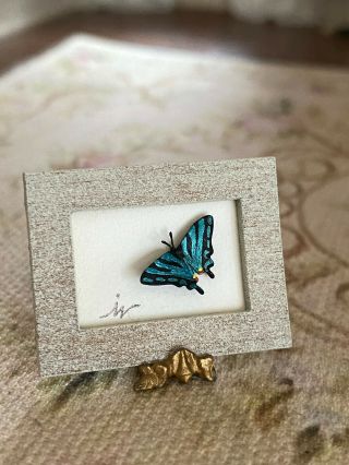 Vintage Miniature Dollhouse Artisan Signed Hand Painted Carved Framed Butterfly