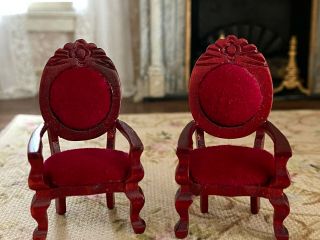 Vintage Miniature Dollhouse 1:24 Scale Pair Cherry Wood & Red Velvet Chairs
