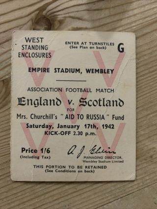 Rare Wartime Aid To Russia Football Ticket England V Scotland Wembley 17/1/1942