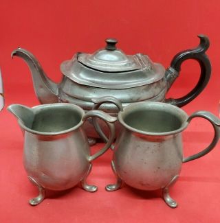 Antique Vintage Pewter Tea Pot Set And Continental Sugar Creamer