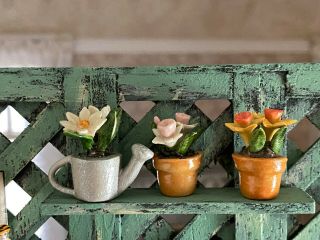 Vintage Miniature Dollhouse 1:12 Porcelain Hand Sculpted Flowers Pots Water Can