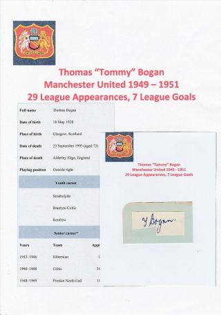 Tommy Bogan Manchester United 1949 - 1951 Rare Autograph Cutting