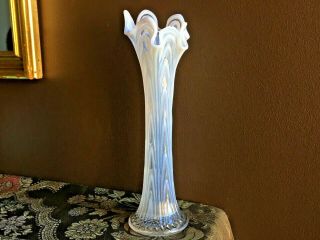 1910 Antique Fenton Glass White Opalescent Reverse Drapery Swung Vase 12 Inch