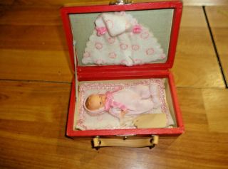 Vintage Miniature / Small 4 " German Bisque Jointed Baby Doll In Travel Suitcase