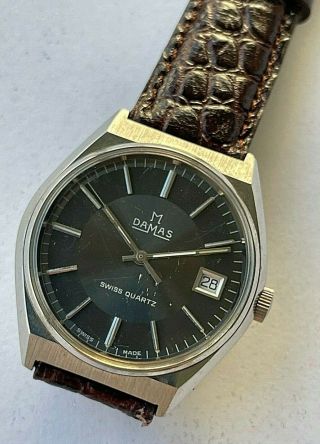 Vintage Damas Swiss Quartz Stainless Steel Mens Watch With Quickset Date