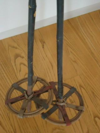 Vintage Antique Bamboo Ski Poles 51 " Wooden Baskets Leather Grips And Straps
