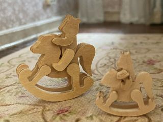 Vintage Miniature Dollhouse Hand Carved Wood Diy Craft Bears On Rocking Horses