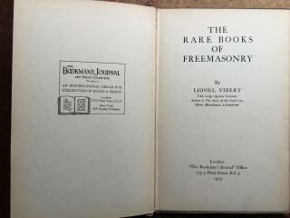 1923 The Rare Books Of Freemasonry By Lionel Vibert