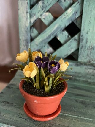 Vintage Miniature Dollhouse Nancy Barnett Yellow Purple Tulips Flower Pot Pretty