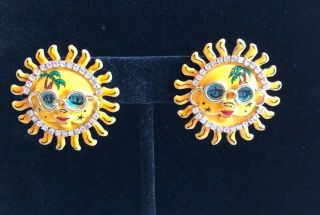 Vintage Signed Lunch At The Ritz Earrings " Fun In The Sun " Pierced Rare
