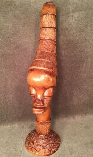 Unique Vintage Tribal Hand Carved Wooden African Female Head Sculpture Tall Hair