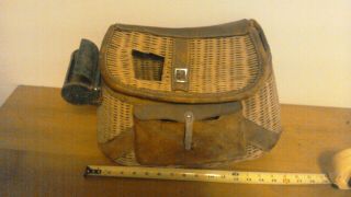 Vintage Fishing Creel With Wicker & Leather Trim Shoulder Strap Attached.  Sweet