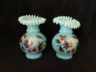 Pair Hand Painted Mantle Vases Ruffled Bristol ??? Blue