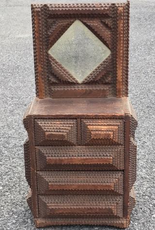 Rare 19th Century Early 20th.  Miniature Tramp Art Mirror Back Chest Of Drawers