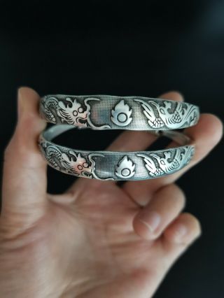 Chinese Old Tibet Silver Carving Dragon And Phoenix Bracelet