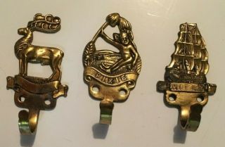 3 Vintage Small 2 " Wall Hooks Brass Made In England Victory Ship - Pixie - Stag