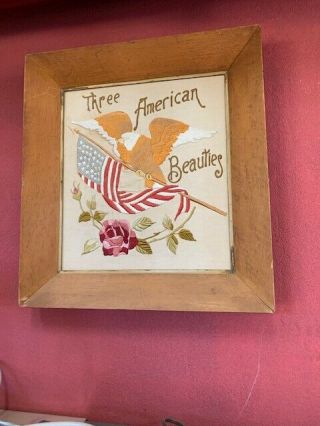 Antique Patriotic Needlework Bald Eagle,  Red Rose And Flag,  Circa 1900,  / -