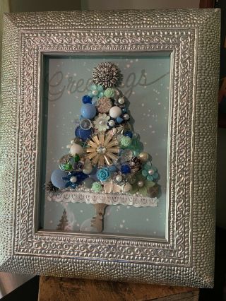Vintage Jewelry Artwork Framed 5x7 Christmas Tree Teal Silver Decoration Gift